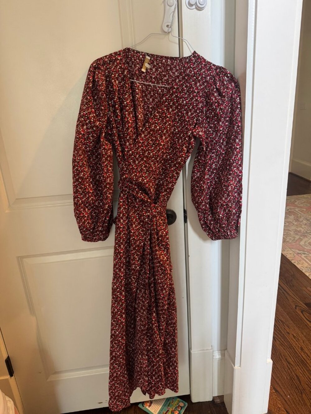 Ann Mashburn Burgundy Floral Wrap Maxi Dress M Long Sleeve Tie Waist
